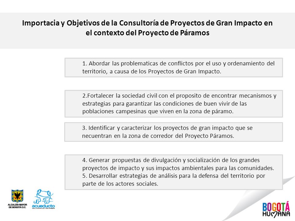 Importacia y Objetivos de la Consultoría de Proyectos de Gran Impacto en el contexto del Proyecto de Páramos