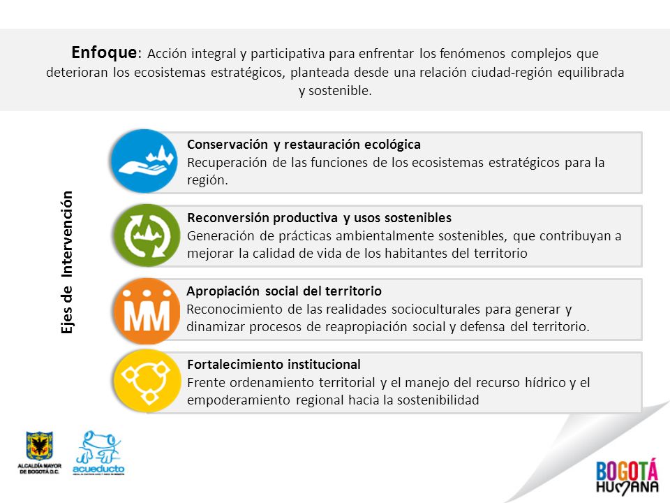 Enfoque: Acción integral y participativa para enfrentar los fenómenos complejos que deterioran los ecosistemas estratégicos, planteada desde una relación ciudad-región equilibrada y sostenible.