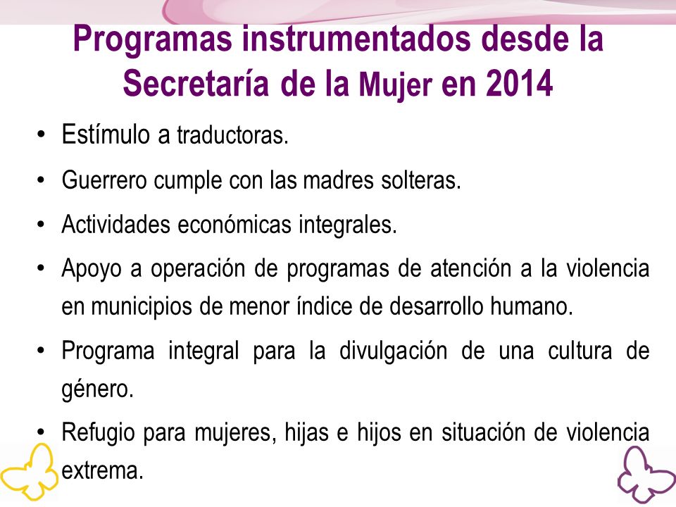 Programas instrumentados desde la Secretaría de la Mujer en 2014