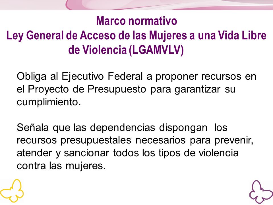 Marco normativo Ley General de Acceso de las Mujeres a una Vida Libre de Violencia (LGAMVLV)