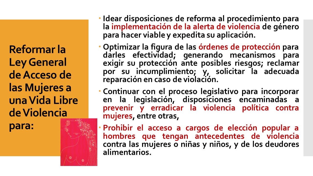 Idear disposiciones de reforma al procedimiento para la implementación de la alerta de violencia de género para hacer viable y expedita su aplicación.