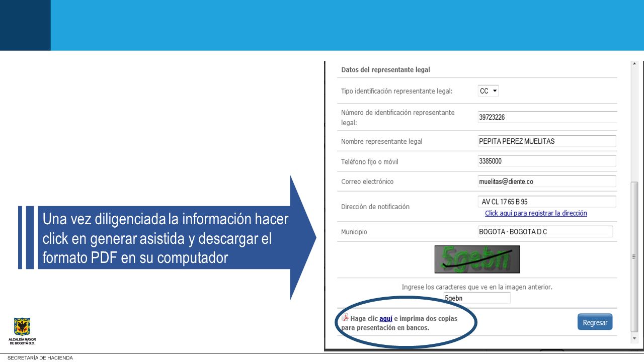 Una vez diligenciada la información hacer click en generar asistida y descargar el formato PDF en su computador