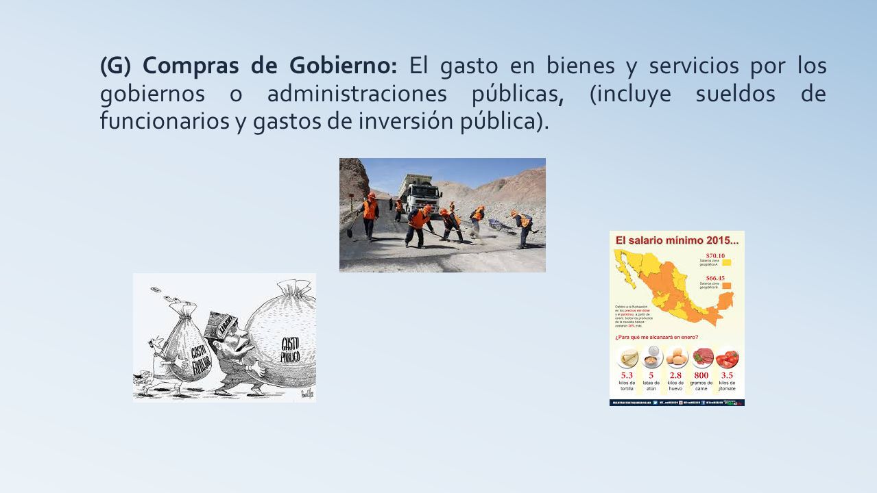 (G) Compras de Gobierno: El gasto en bienes y servicios por los gobiernos o administraciones públicas, (incluye sueldos de funcionarios y gastos de inversión pública).