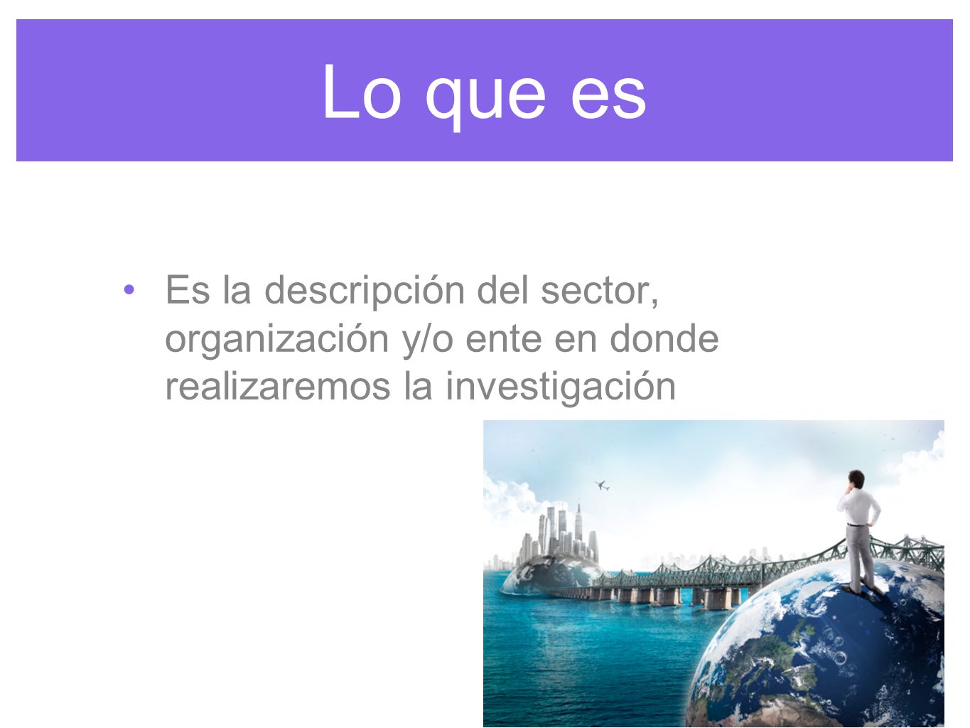 Lo que es Es la descripción del sector, organización y/o ente en donde realizaremos la investigación.
