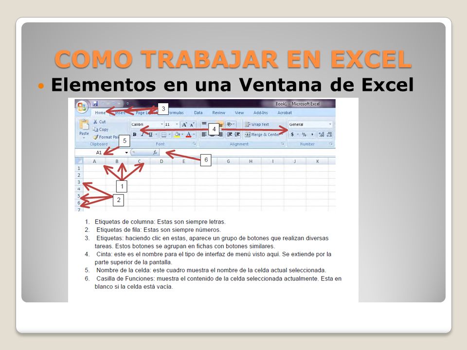COMO TRABAJAR EN EXCEL Elementos en una Ventana de Excel