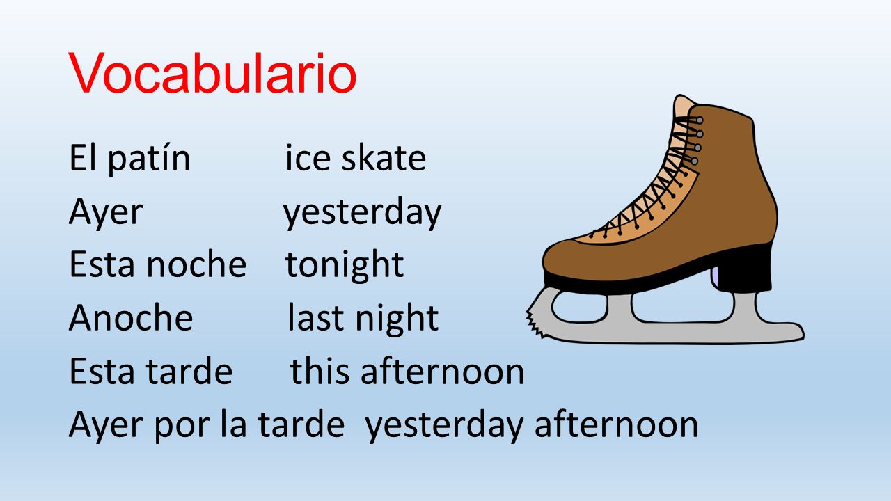 Vocabulario El patín ice skate Ayer yesterday Esta noche tonight Anoche last night Esta tarde this afternoon Ayer por la tarde yesterday afternoon