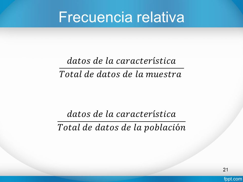 Frecuencia relativa 𝑑𝑎𝑡𝑜𝑠 𝑑𝑒 𝑙𝑎 𝑐𝑎𝑟𝑎𝑐𝑡𝑒𝑟í𝑠𝑡𝑖𝑐𝑎 𝑇𝑜𝑡𝑎𝑙 𝑑𝑒 𝑑𝑎𝑡𝑜𝑠 𝑑𝑒 𝑙𝑎 𝑚𝑢𝑒𝑠𝑡𝑟𝑎.