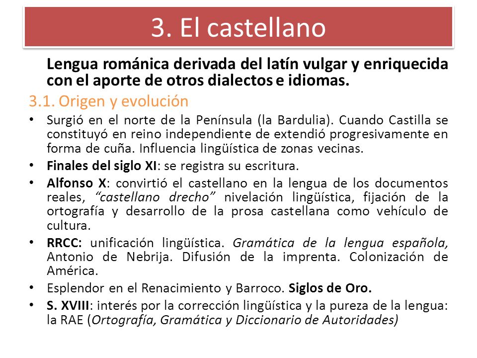 3. El castellano Lengua románica derivada del latín vulgar y enriquecida con el aporte de otros dialectos e idiomas.