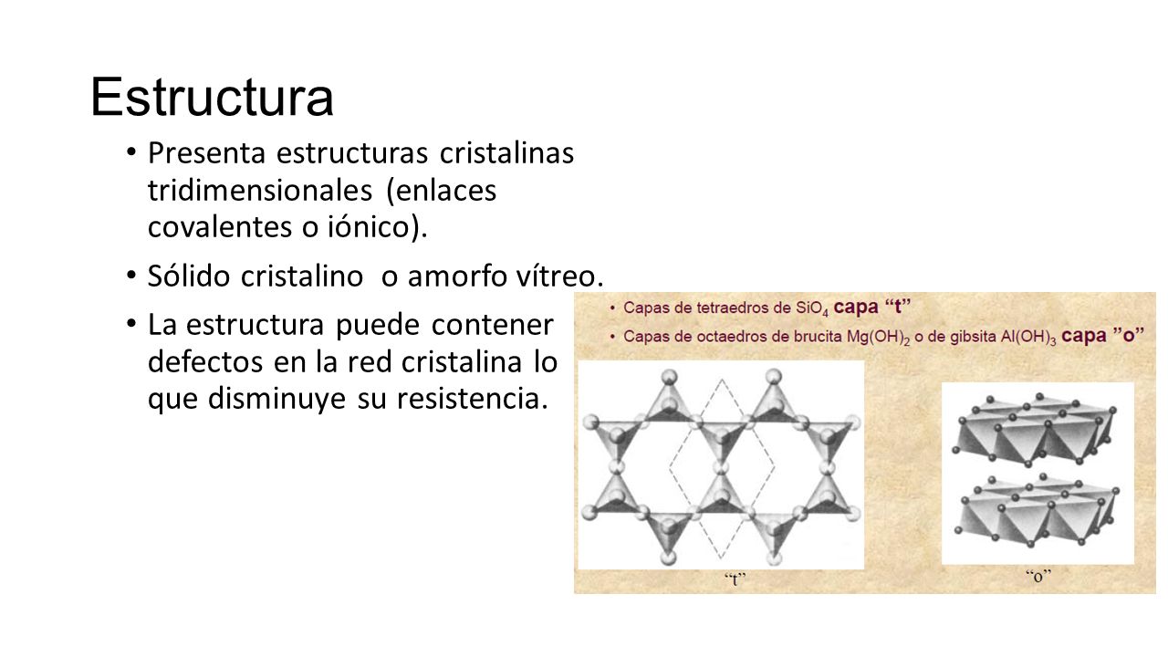 Estructura Presenta estructuras cristalinas tridimensionales (enlaces covalentes o iónico). Sólido cristalino o amorfo vítreo.