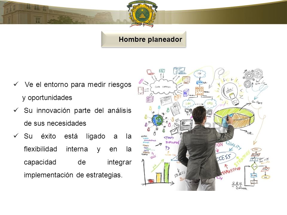 Hombre planeador Ve el entorno para medir riesgos y oportunidades. Su innovación parte del análisis de sus necesidades.