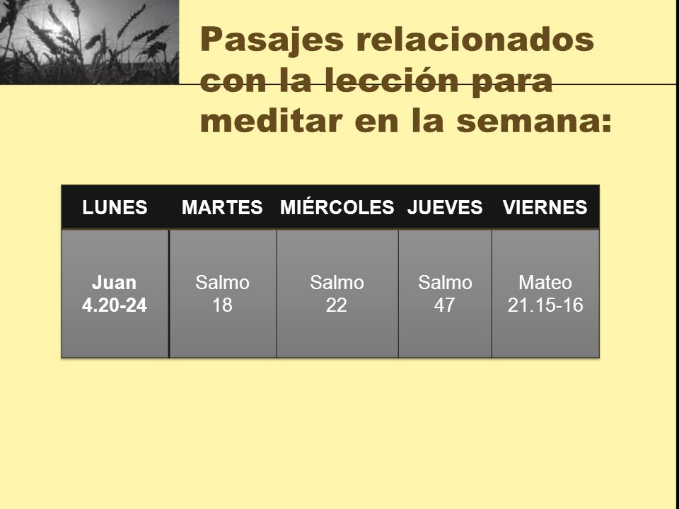 Pasajes relacionados con la lección para meditar en la semana:
