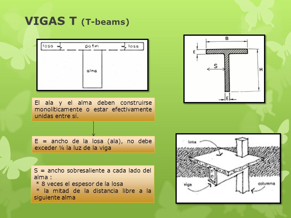 VIGAS T (T-beams) S. El ala y el alma deben construirse monolíticamente o estar efectivamente unidas entre sí.