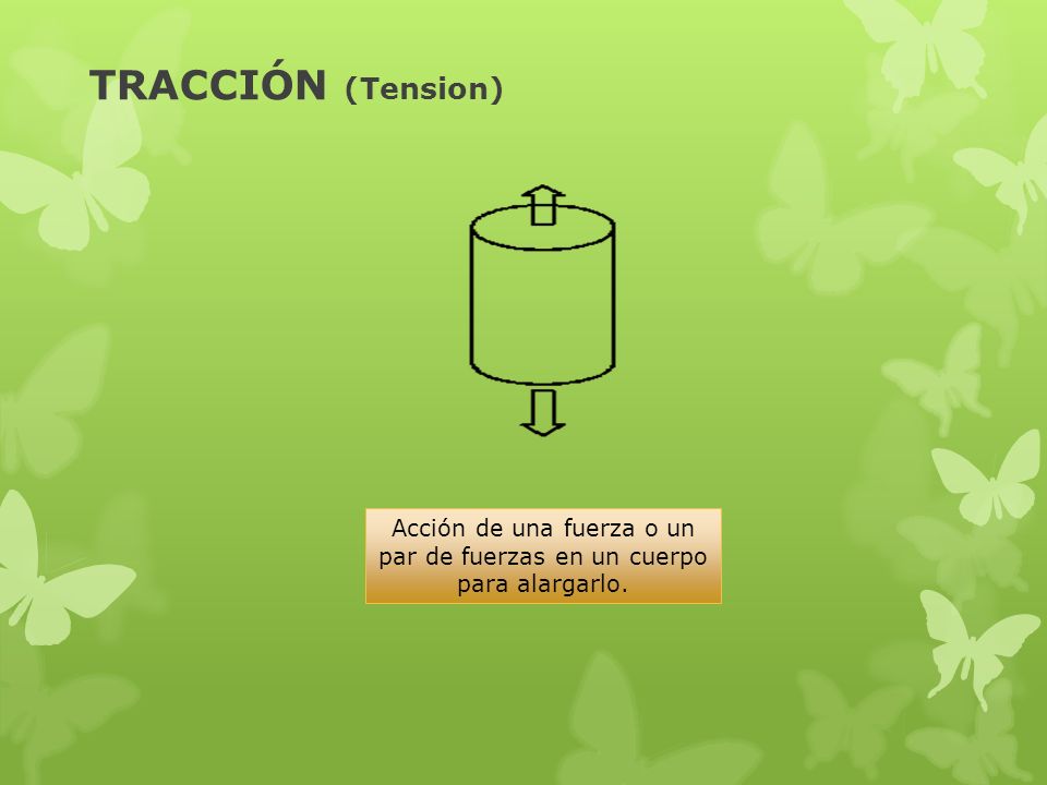 Acción de una fuerza o un par de fuerzas en un cuerpo para alargarlo.