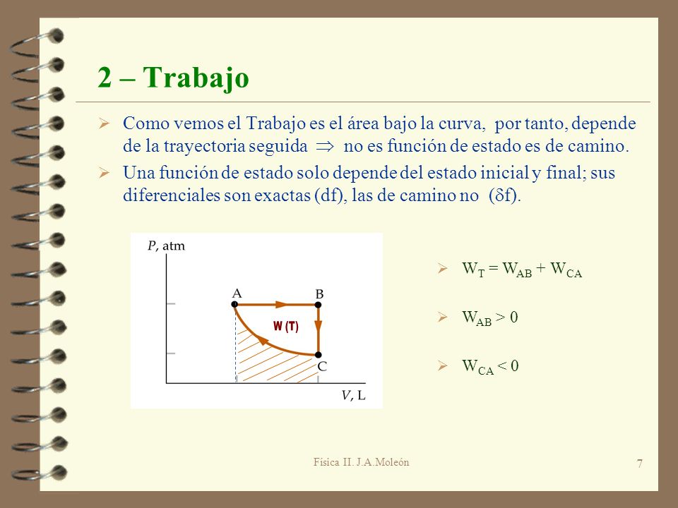 2 – Trabajo Como vemos el Trabajo es el área bajo la curva, por tanto, depende de la trayectoria seguida  no es función de estado es de camino.