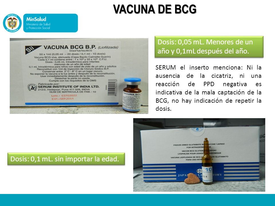 VACUNA DE BCG Dosis: 0,05 mL. Menores de un año y 0,1mL después del año.