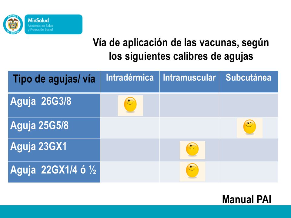 Vía de aplicación de las vacunas, según los siguientes calibres de agujas