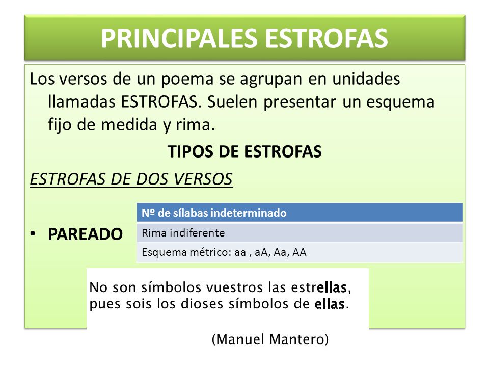 PRINCIPALES ESTROFAS Los versos de un poema se agrupan en unidades llamadas ESTROFAS. Suelen presentar un esquema fijo de medida y rima.