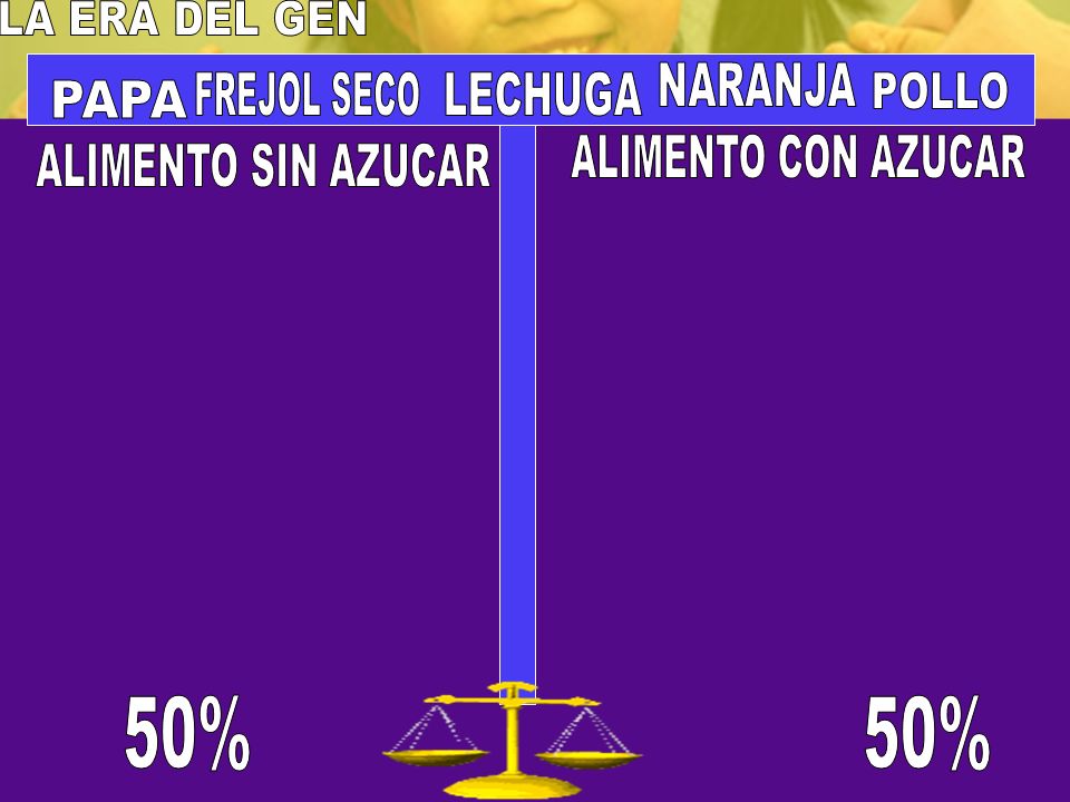 LA ERA DEL GEN NARANJA. FREJOL SECO. LECHUGA. POLLO. PAPA. ALIMENTO CON AZUCAR. ALIMENTO SIN AZUCAR.