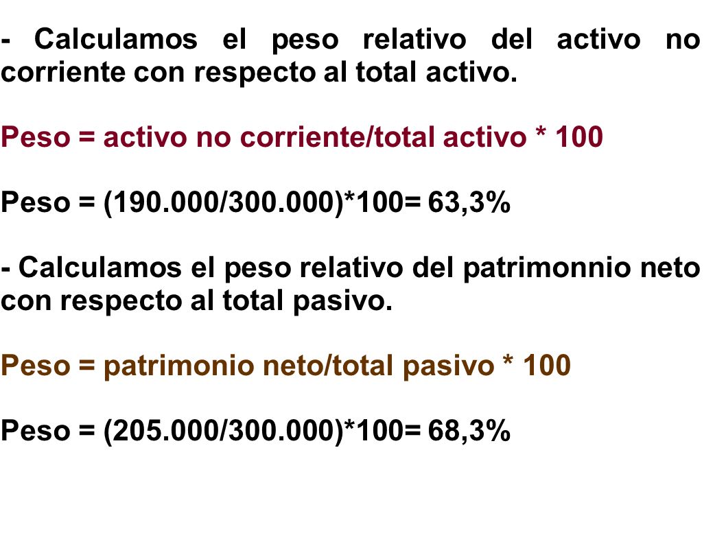 Peso = activo no corriente/total activo * 100