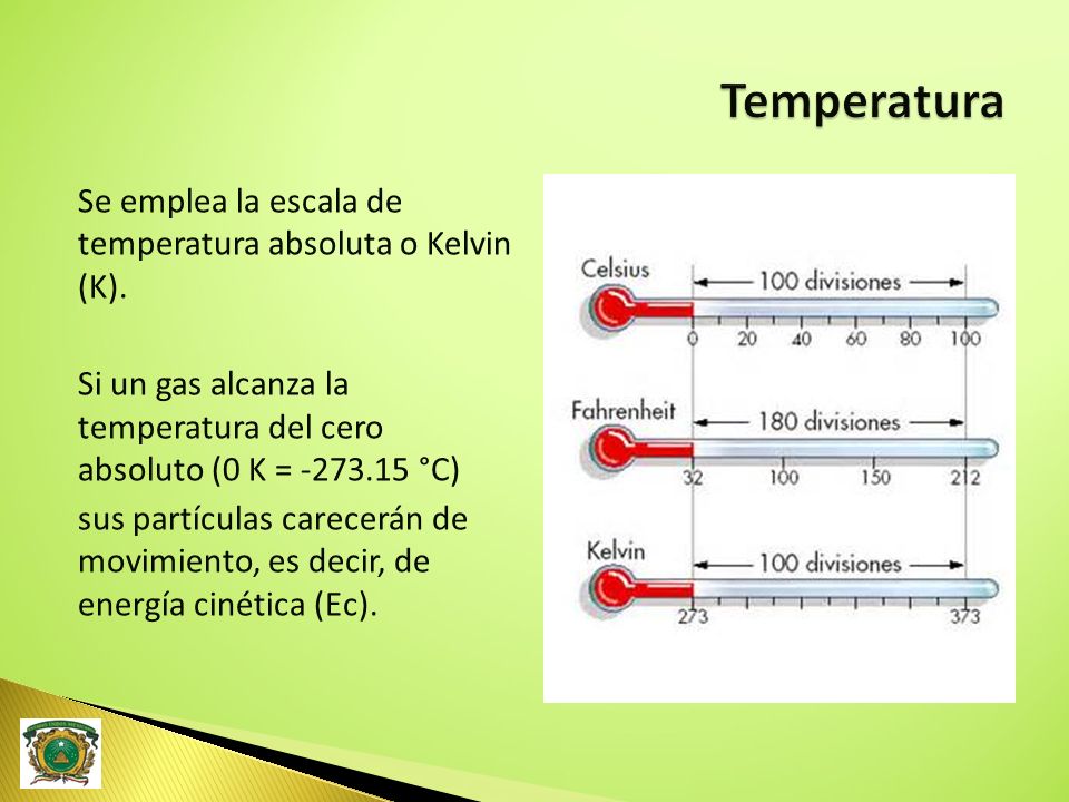 Temperatura Se emplea la escala de temperatura absoluta o Kelvin (K).