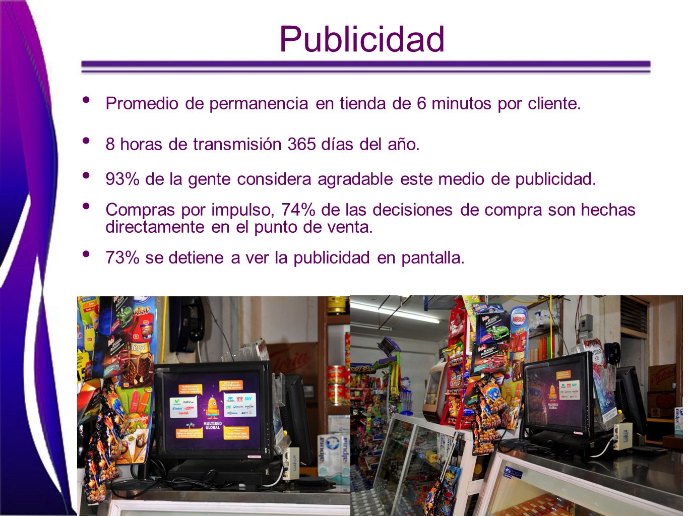 Publicidad Promedio de permanencia en tienda de 6 minutos por cliente.