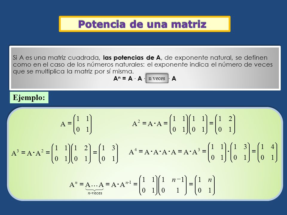 Potencia de una matriz Ejemplo: ÷ ø ö ç è æ = 1 A ÷ ø ö ç è æ = × 1 2
