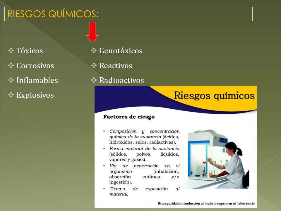 RIESGOS QUÍMICOS: Tóxicos Genotóxicos Corrosivos Reactivos Inflamables