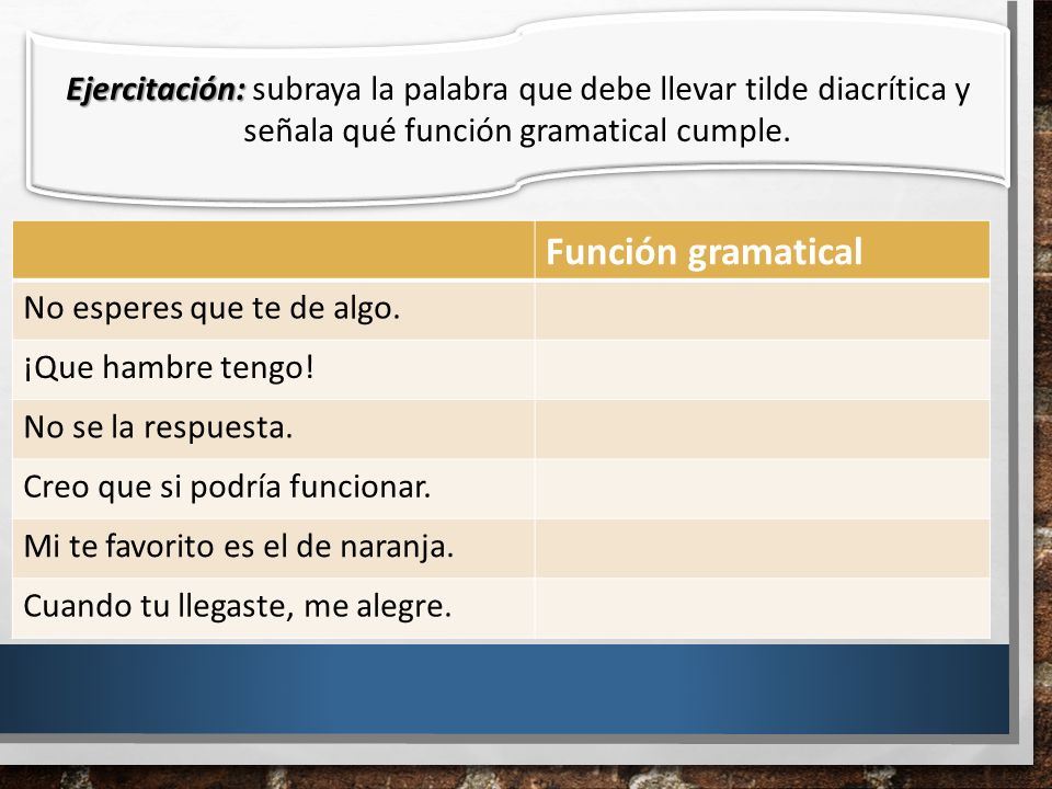 Ejercitación: subraya la palabra que debe llevar tilde diacrítica y señala qué función gramatical cumple.
