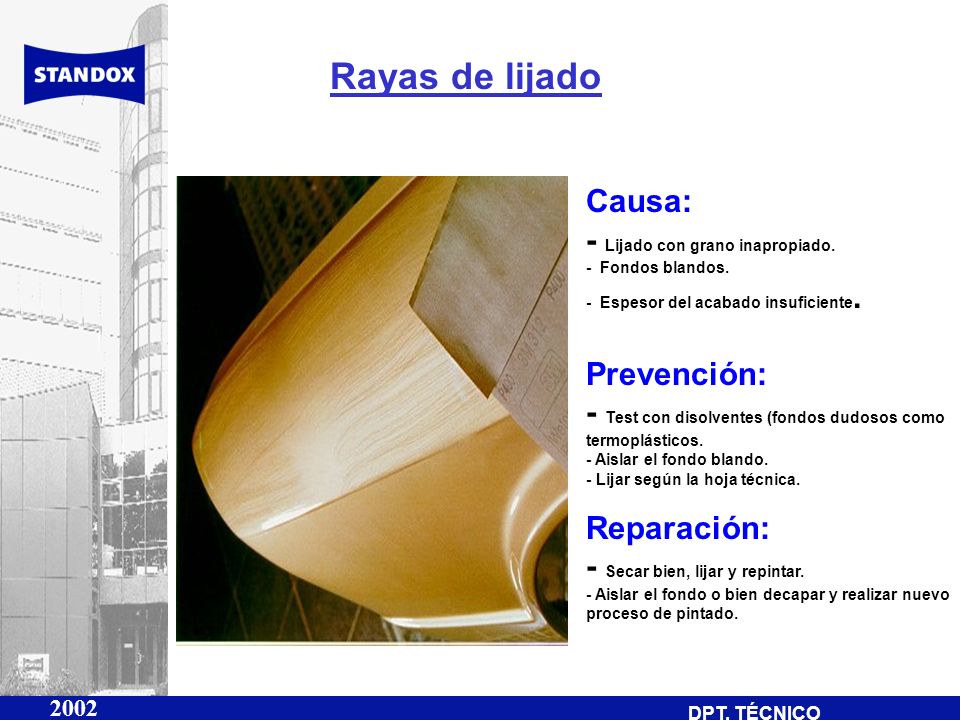 Rayas de lijado Causa: - Lijado con grano inapropiado. Prevención: