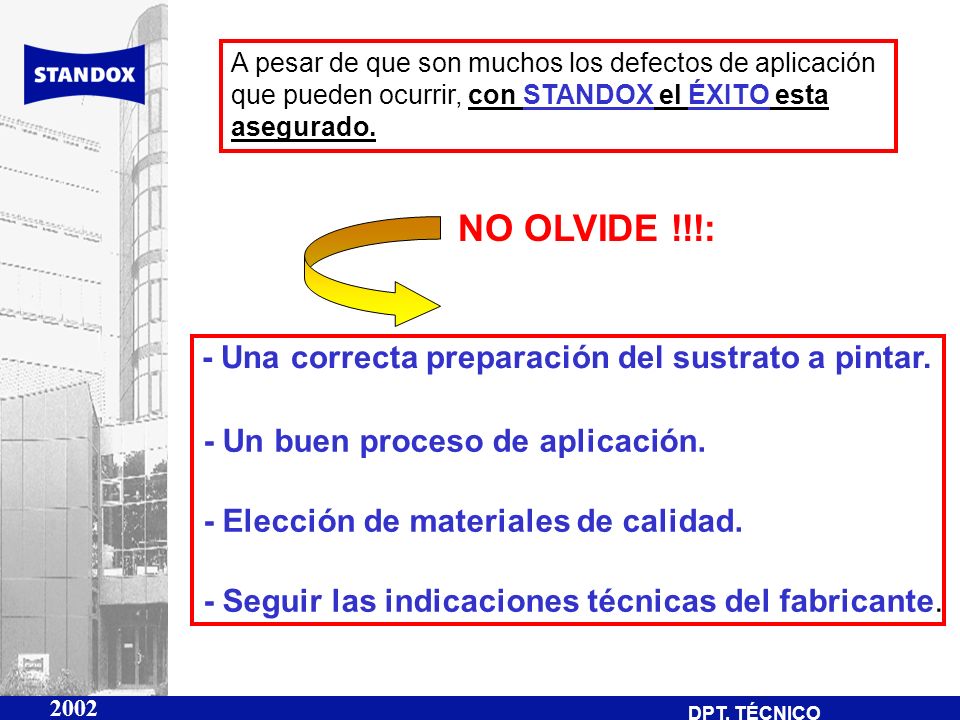 NO OLVIDE !!!: - Una correcta preparación del sustrato a pintar.