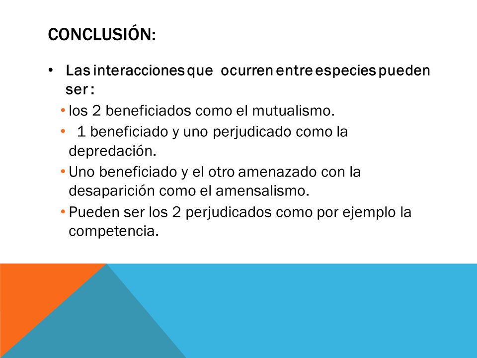 Conclusión: Las interacciones que ocurren entre especies pueden ser :