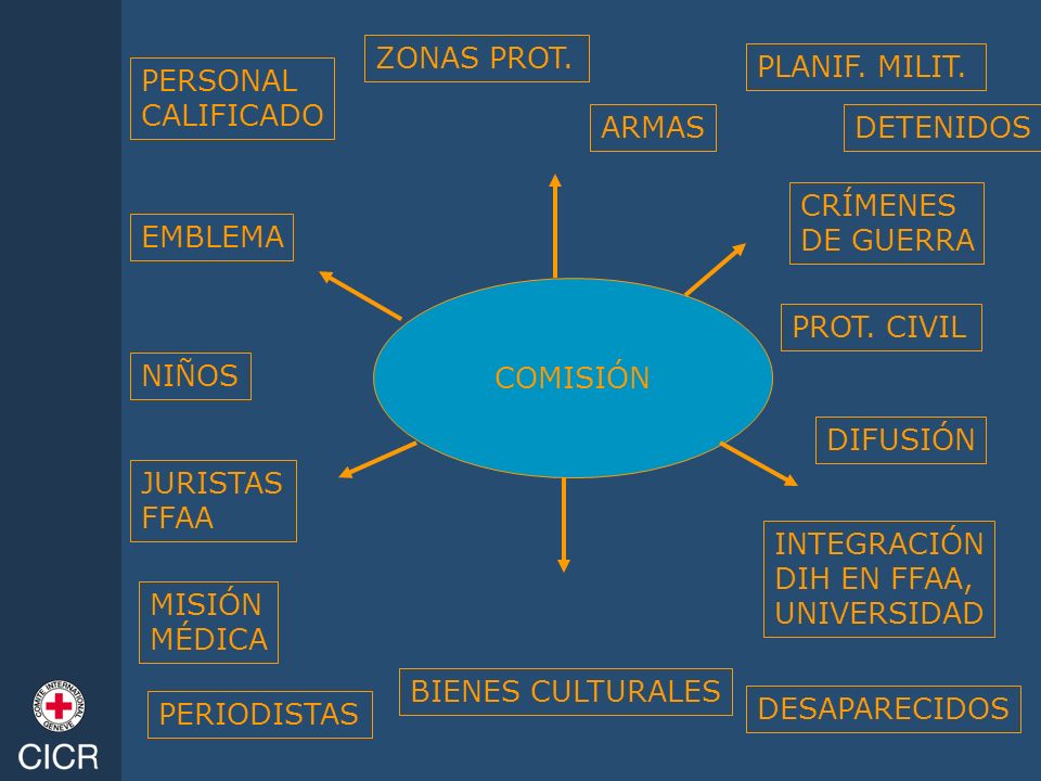 ZONAS PROT. PLANIF. MILIT. PERSONAL. CALIFICADO. ARMAS. DETENIDOS. CRÍMENES. DE GUERRA. EMBLEMA.