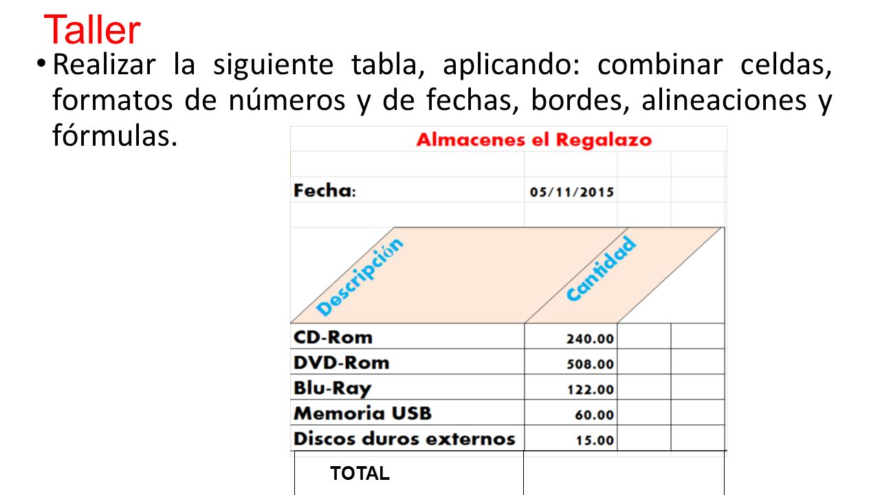 Taller Realizar la siguiente tabla, aplicando: combinar celdas, formatos de números y de fechas, bordes, alineaciones y fórmulas.
