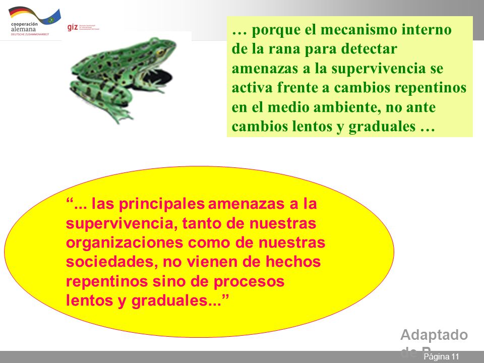 … porque el mecanismo interno de la rana para detectar amenazas a la supervivencia se activa frente a cambios repentinos en el medio ambiente, no ante cambios lentos y graduales …
