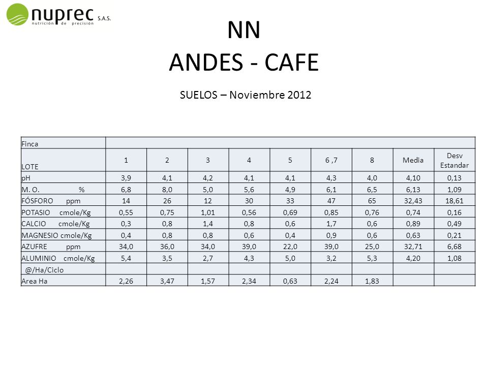 NN ANDES - CAFE SUELOS – Noviembre 2012 Finca LOTE ,7 8