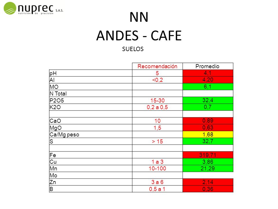 NN ANDES - CAFE SUELOS Recomendación Promedio pH 5 4,1 Al <0,2 4,20
