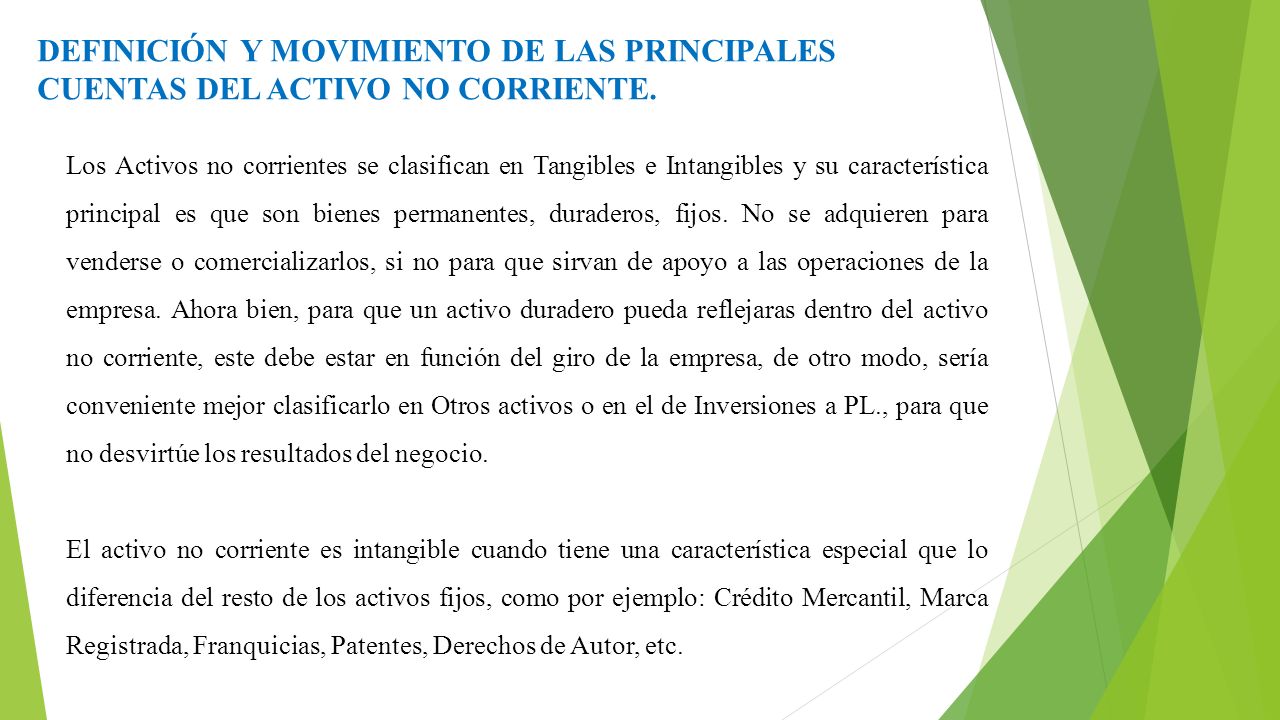 DEFINICIÓN Y MOVIMIENTO DE LAS PRINCIPALES CUENTAS DEL ACTIVO NO CORRIENTE.