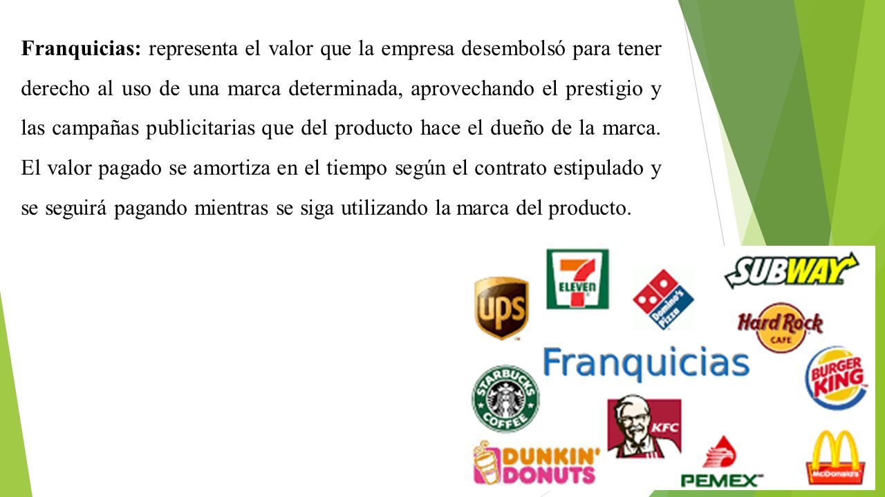 Franquicias: representa el valor que la empresa desembolsó para tener derecho al uso de una marca determinada, aprovechando el prestigio y las campañas publicitarias que del producto hace el dueño de la marca.