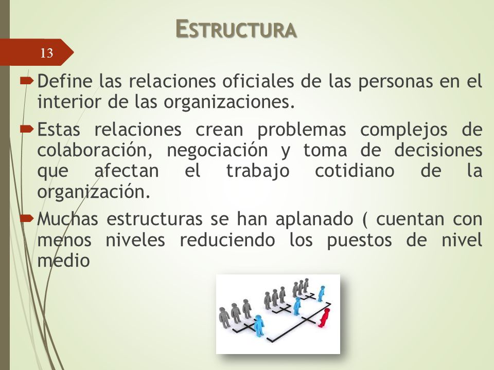 Estructura Define las relaciones oficiales de las personas en el interior de las organizaciones.
