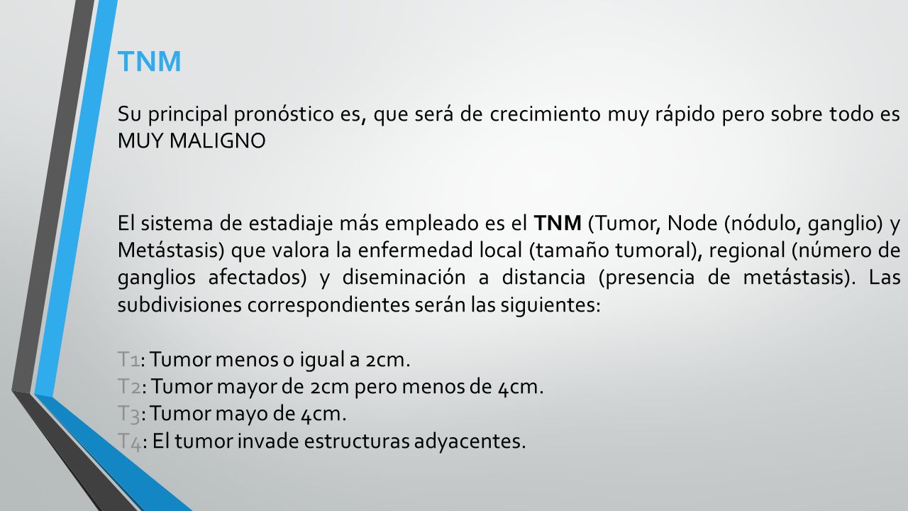 TNM Su principal pronóstico es, que será de crecimiento muy rápido pero sobre todo es MUY MALIGNO.
