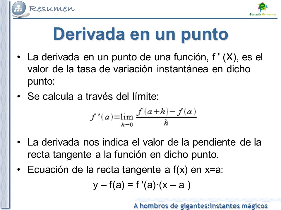 Derivada en un punto La derivada en un punto de una función, f (X), es el valor de la tasa de variación instantánea en dicho punto: