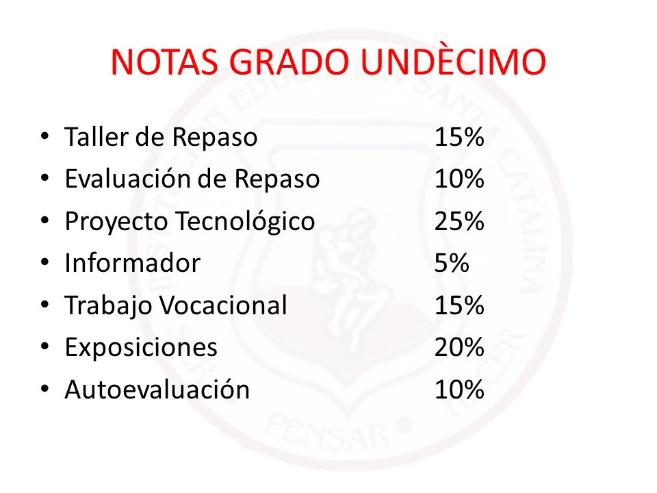 NOTAS GRADO UNDÈCIMO Taller de Repaso 15% Evaluación de Repaso 10%