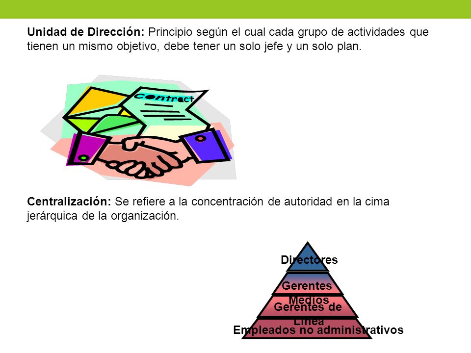 Unidad de Dirección: Principio según el cual cada grupo de actividades que tienen un mismo objetivo, debe tener un solo jefe y un solo plan.