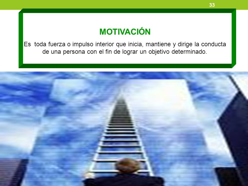MOTIVACIÓN Es toda fuerza o impulso interior que inicia, mantiene y dirige la conducta de una persona con el fin de lograr un objetivo determinado.