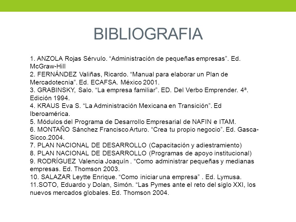 BIBLIOGRAFIA 1. ANZOLA Rojas Sérvulo. Administración de pequeñas empresas . Ed. McGraw-Hill.