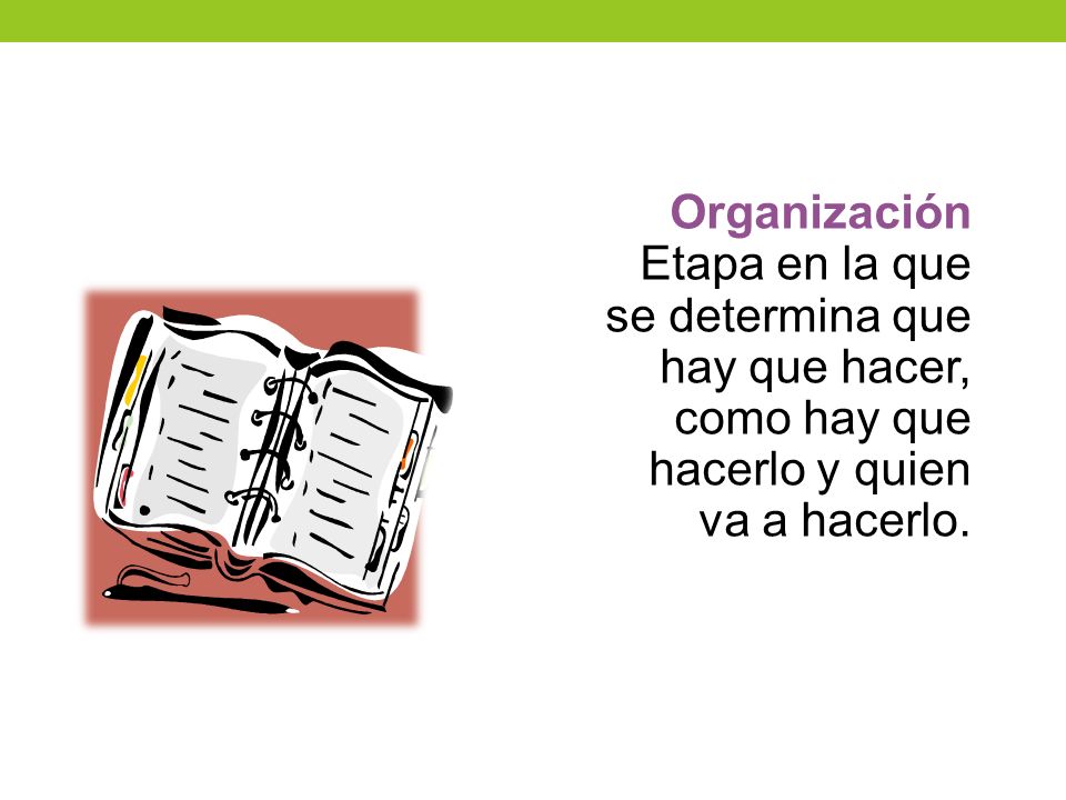 Organización Etapa en la que se determina que hay que hacer, como hay que hacerlo y quien va a hacerlo.