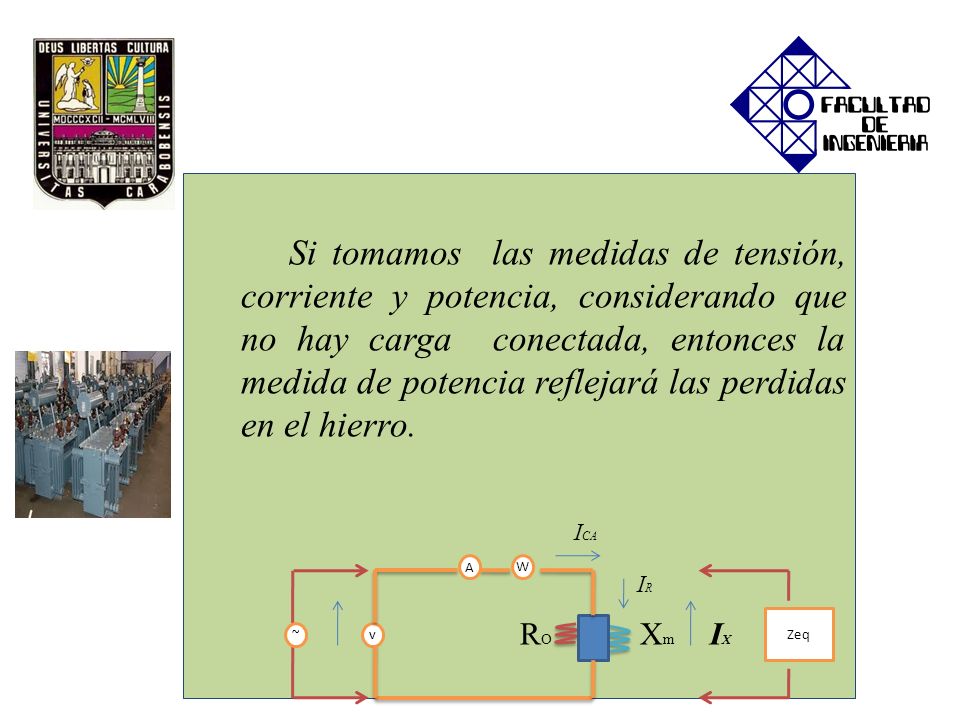 Si tomamos las medidas de tensión, corriente y potencia, considerando que no hay carga conectada, entonces la medida de potencia reflejará las perdidas en el hierro.