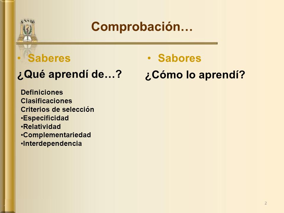 Comprobación… Saberes ¿Qué aprendí de… Sabores ¿Cómo lo aprendí