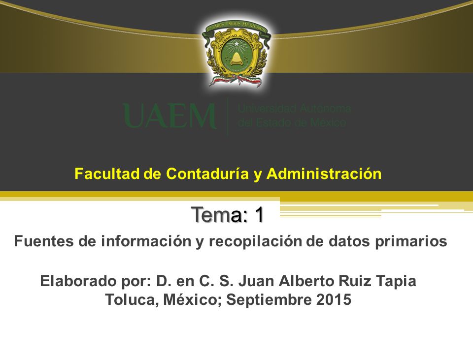 Facultad de Contaduría y Administración Tema: 1 Fuentes de información y recopilación de datos primarios Elaborado por: D.