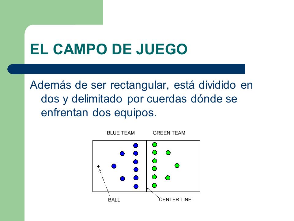 EL CAMPO DE JUEGO Además de ser rectangular, está dividido en dos y delimitado por cuerdas dónde se enfrentan dos equipos.